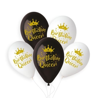 Бели и черни балони Birthday queen, 5 броя