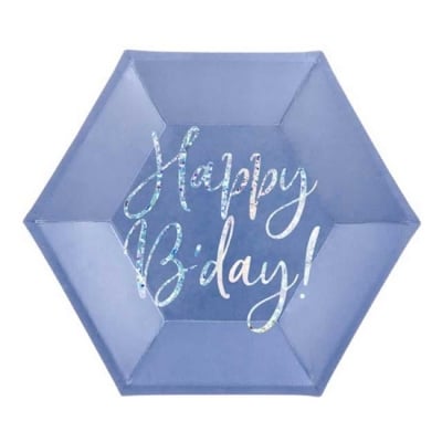 Синьо-лилави чинийки с надпис Happy Birthday холограмно сребро, 6 броя